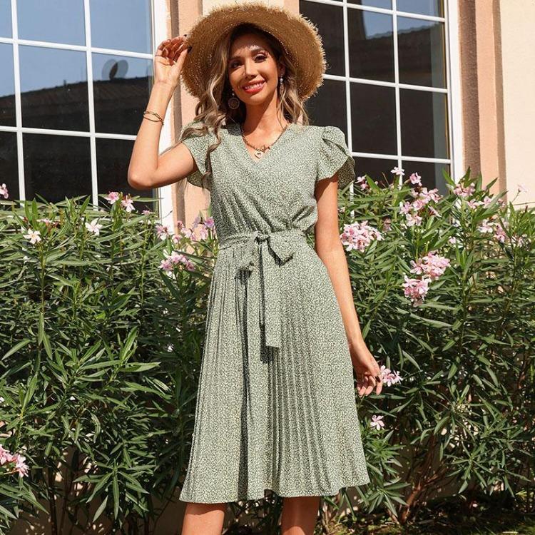 Chic Women Summer Green V Neck Long Sleeve Lace Up Pleated A Line Print Dress