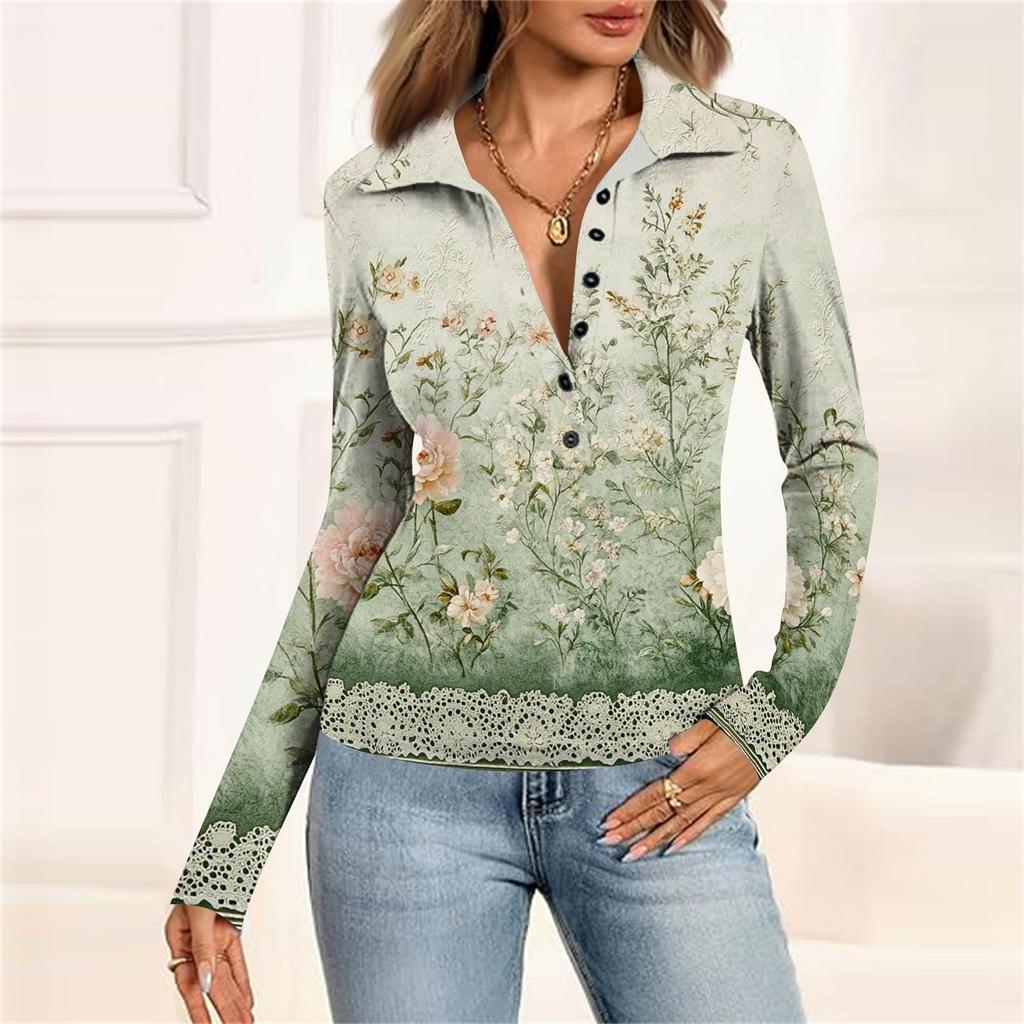 Women's Fashion Casual Printed V-Neck Long Sleeve Button-Down Top