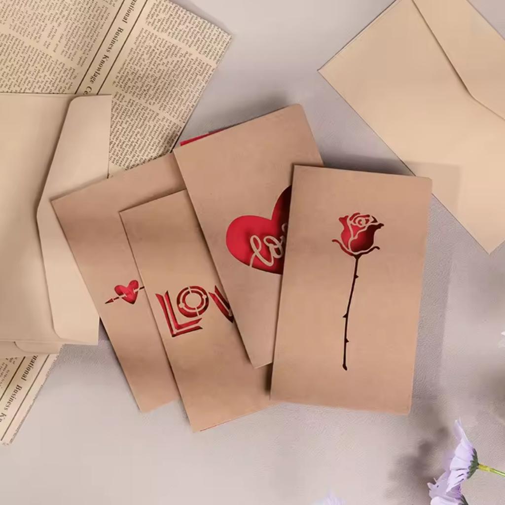 Valentines Day Mothers Day Greeting Card with Envelope Hollow Heart Flowers Gift Card Birthday Party Supplies Wedding Invitation