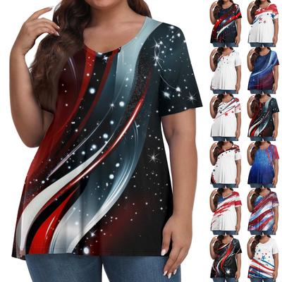 Damenmode Lässig V-Ausschnitt Pullover Kurzarm Übergröße Unabhängigkeitstag Bedrucktes T-Shirt Top