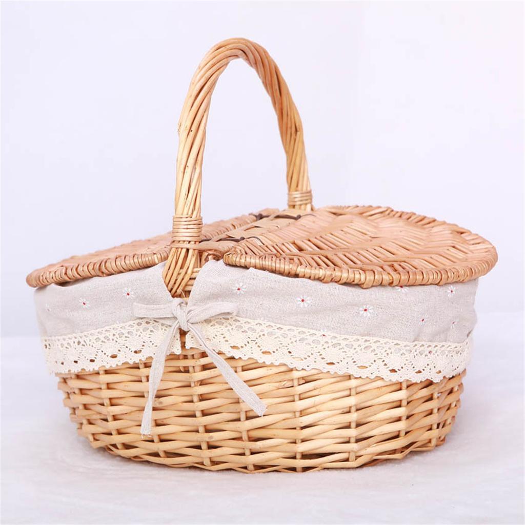 Woven Wicker Picnic Basket With Double Lids And Handle With Washable Lining Basket For Eggs, Candy, Flowers Rattan Cottage Style Storage