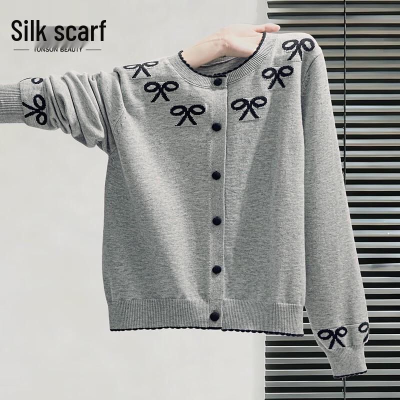 

Women s Color-Block Bow Pattern Round Neck Long Sleeve Sweater One Size