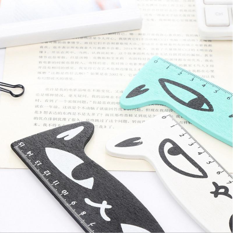 1 bucată drăguț Kawaii pisică neagră pisicuță riglă dreaptă unelte din lemn pentru cusut desene desenate, birou, școală, articole de papetărie