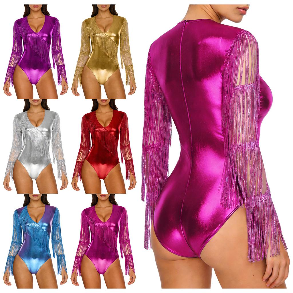 Damen Glänzender Metallischer Club Body Stufig Pailletten Quasten Netz Langarm Tanz Jumpsuit