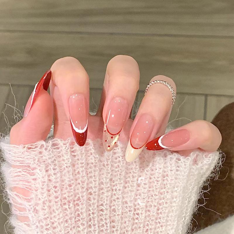 

Новогодний красный в горошек французский кошачий глаз роскошный ручной работы носибельный маникюр - издание «Острая девчонка» Pre-made Nails #30 pieces/board