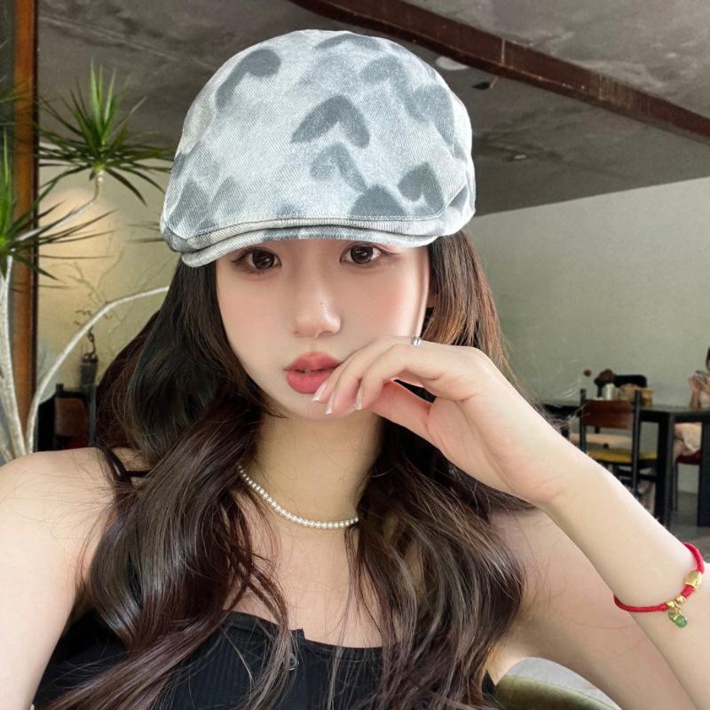 British retro pink heart-shaped denim forward cap for women, new summer inverted beret, early autumn duckbill cap