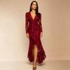 Europäische und amerikanische neue Damenbekleidung sexy Spitze tiefes V Langarm hoher Schlitz Gabel Harpunen Abendkleid Kleid