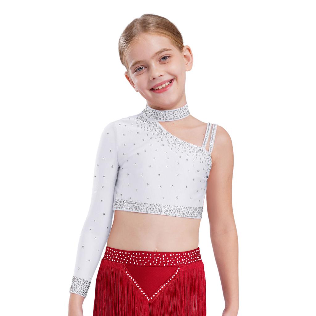 Girls Dance Costume Set Sparkly Rhinestones Crop Top with High-Low Chiffon Skirt