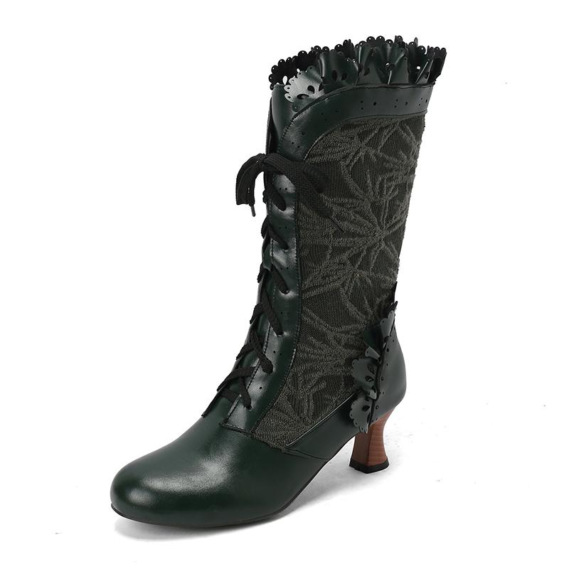 Women Sexy Lace Up Mid-Calf Heel Boots Vintage Gothic Lace High Heel Boots Victorian Steampunk Cosplay Autumn Boots Shoes 34-48