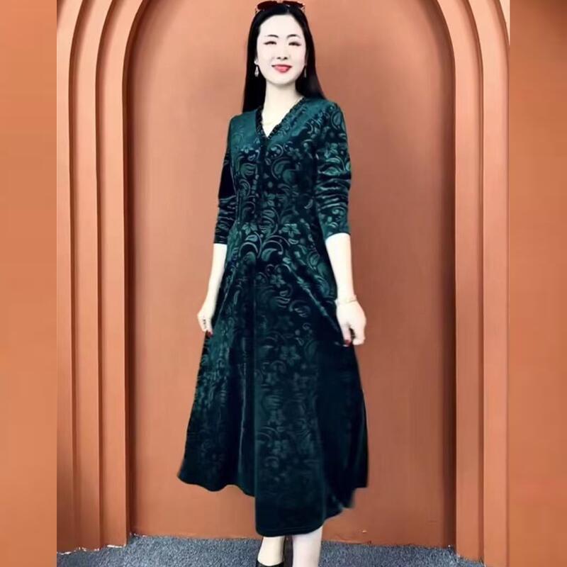 Women's Plus Size Printed Velvet Dress Autumn Loose V-neck A-line Long Casual Dress