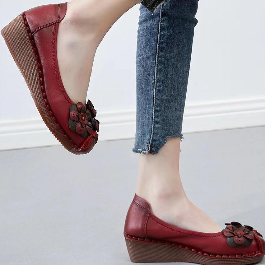 New floral real leather shoes for women 2025 spring ballet flats luxury  designer wedges loafers soft wedges moccasins