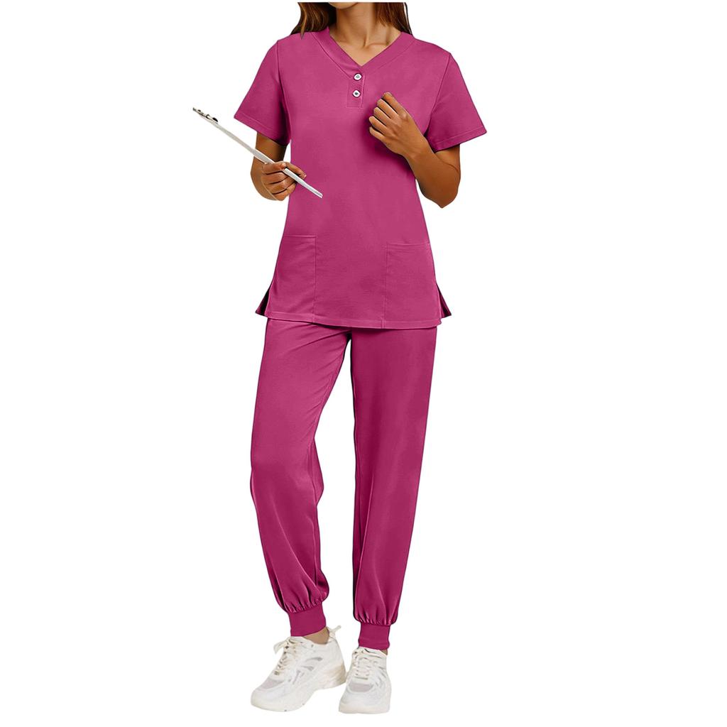 Nursing Scrub Set Women Quick Dry Fabric V Neck Short Sleeve Top with Pockets and Elastic Waist Long Pants Medical Uniform Workwear Set