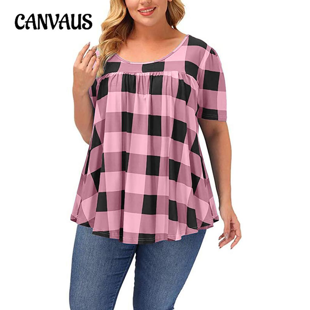 Summer Women's T-shirt Plaid Printed Round Neck Loose Milk Silk Plus Size Tops