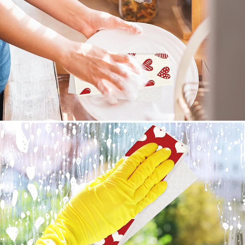 6 Packs Valentine's Day Swedish Dishcloths Red White Heart Kitchen Dish Towel Reble Washable Cotton Kitchen Towels for Home Party Cleaning