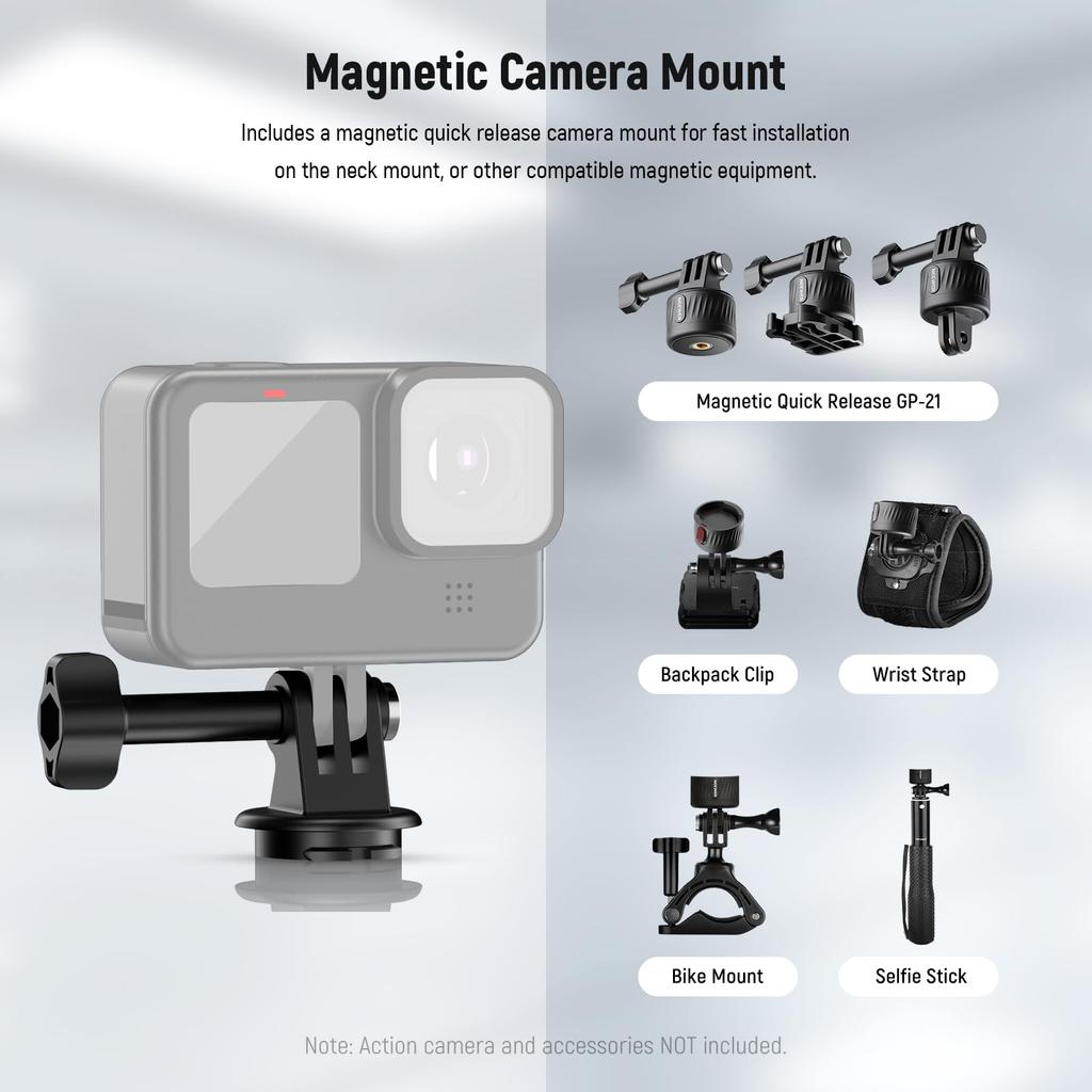 Magnetic Neck Mount for Action Cameras - Compatible with Hero 13/12/11, Osmo Action 5 Pro, Insta360, iPhone, Quick Release Adjustable POV Mount