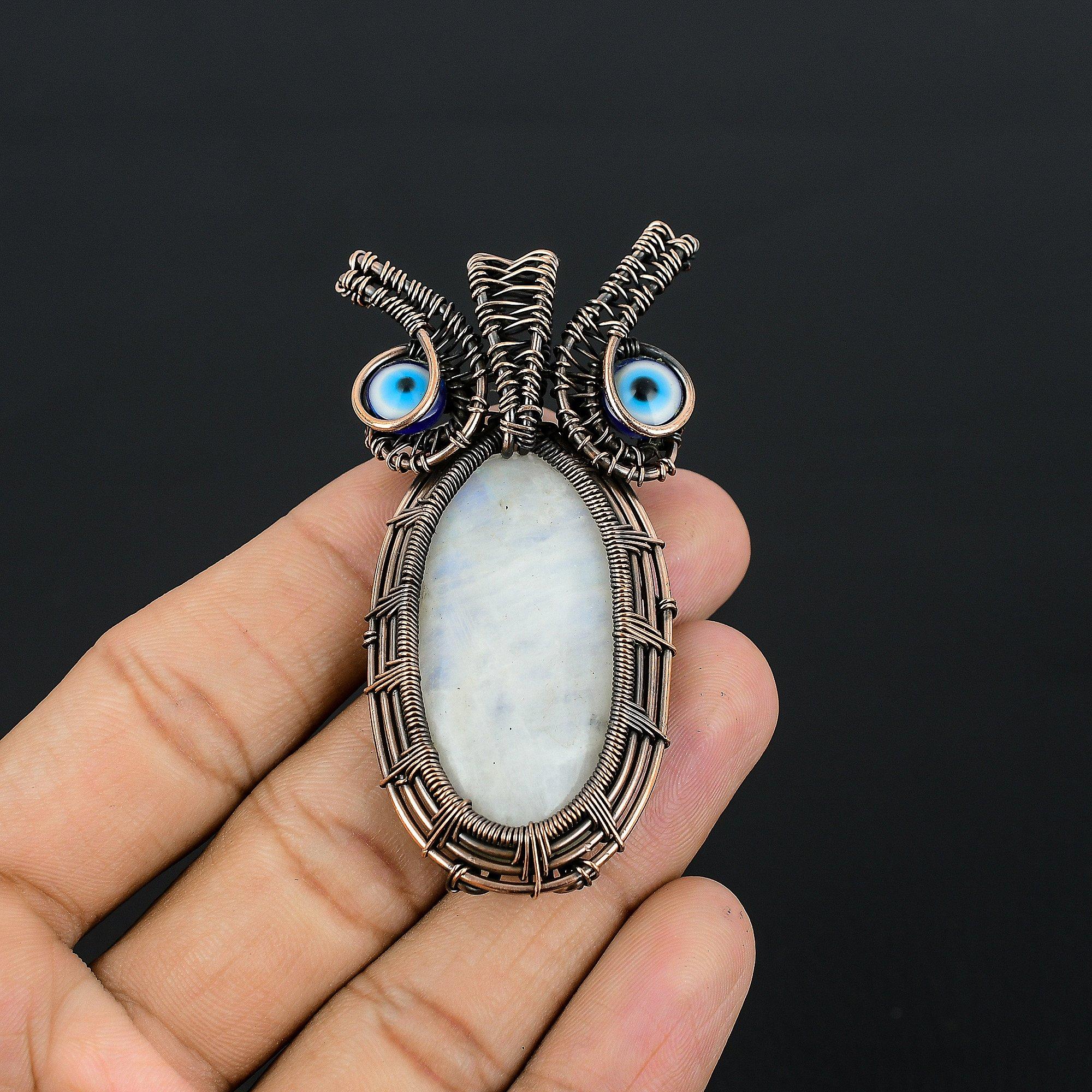 

Rainbow Moonstone & Blue Evil Eye Pendant Gemstone Jewelry, 999 Copper Wire Wrapped Pendant, Handmade Beautiful Jewelry Pendant 2.55 Inches