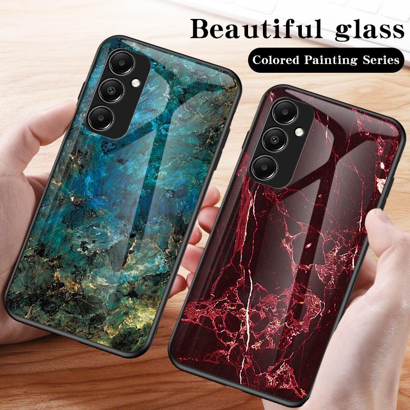 For Samsung Galaxy A05s 4G Cover Marble Pattern Phone Case Tempered Glass+PC+TPU Shell