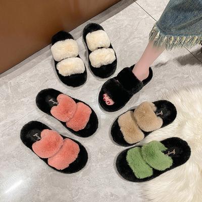 2025 Early Autumn Double Belt Color Matching Fluffy Slippers Women's French Fashion Cross Flat Bottom Outer Wear Thick Bottom Cool Slippers Tide