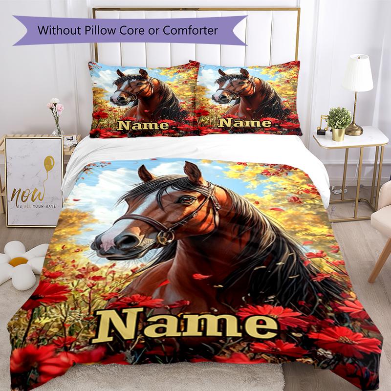 3pcs Custom Name Horse Bedding Set Duvet Cover Closure Includes 1 Duvet Cover & 2 Pillowcases, Soft and Comfortable for All Seasons.