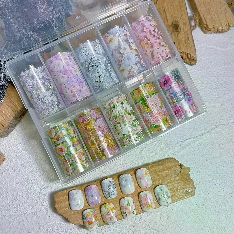 10 Rouleaux/boîte Feuilles de Transfert pour Ongles Rose Fleurie Papier Autocollant Autocollants Floraux Wraps pour Ongles Autocollants Nail Art Papillon Ciel Autocollant pour Ongles