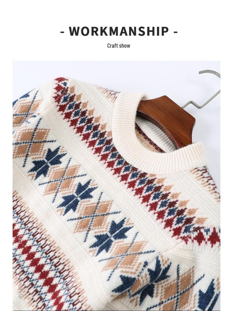 Unisex Striped Jacquard Wool Sweater - Thick, Versatile & Warm for Autumn/Winter