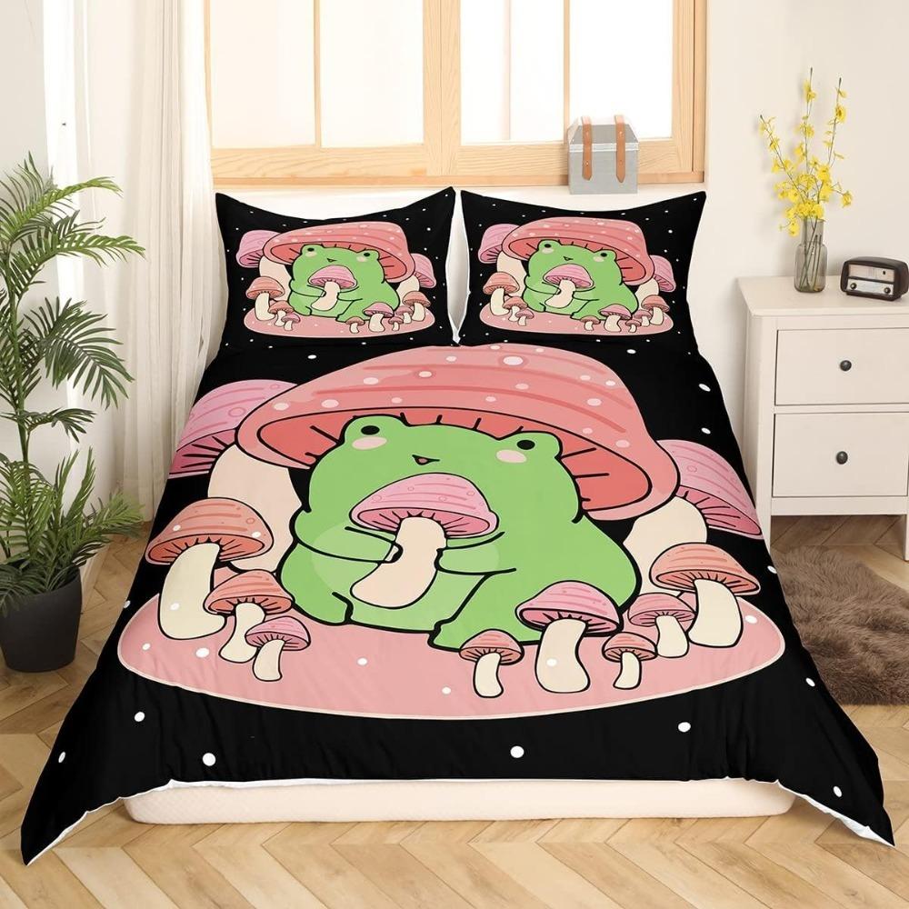 Cartoon Mushroom Frog for Childrenduvet Cover Microfibre Duvet Cover Adult Bedding Room Decoration Belt Zip and 2 Pillowcases