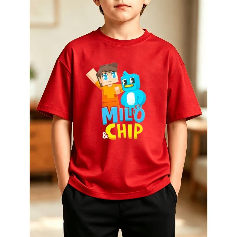 KinTee Co Jongens Crewneck Korte Mouw T-shirt, Milo & Chip Game Karakter Print, 150 rood