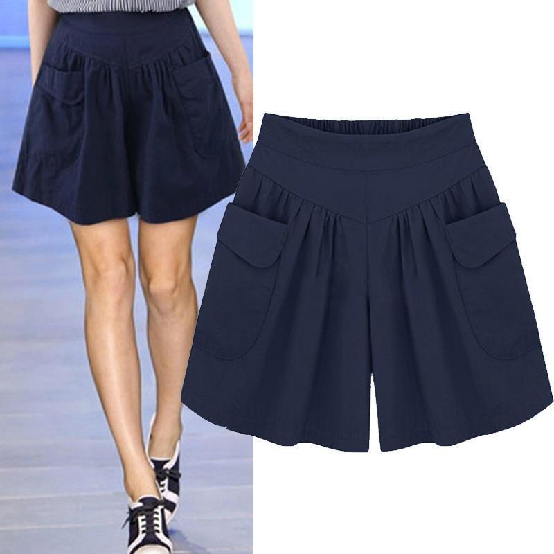 Damesmode zomer losse casual shorts elastische taille strandshorts effen kleur ademende broek met wijde pijpen