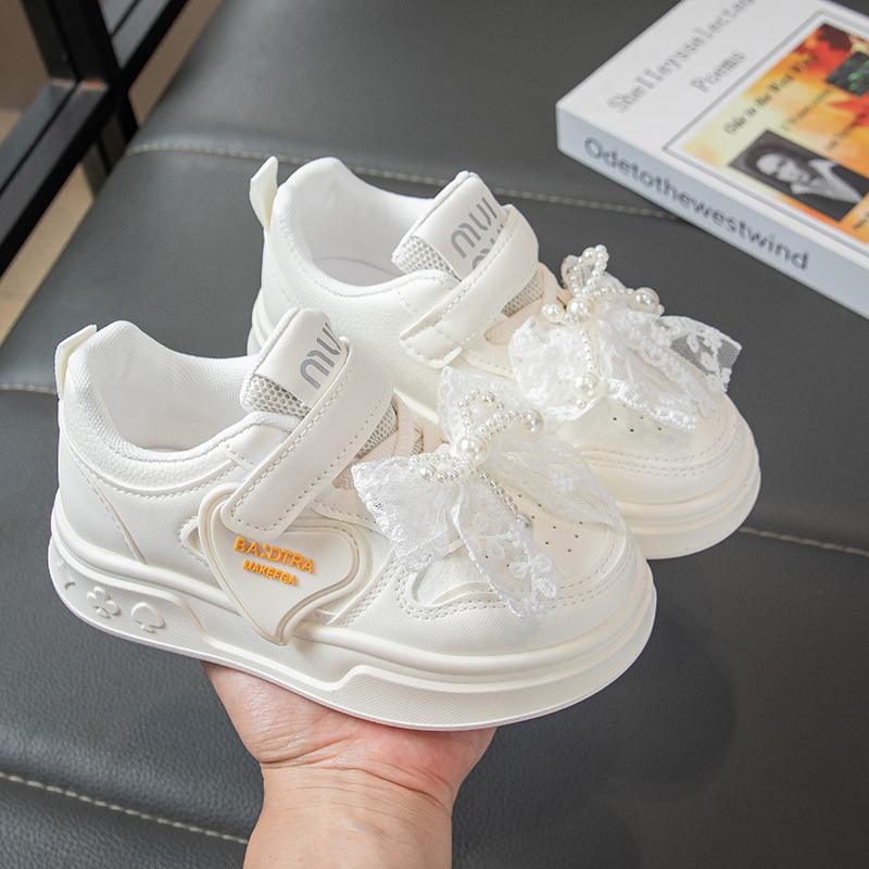 Girls' Sneakers Spring and Autumn New Children's White Shoes Leather Panel Shoes Flat Breathable Running Shoes Trendy