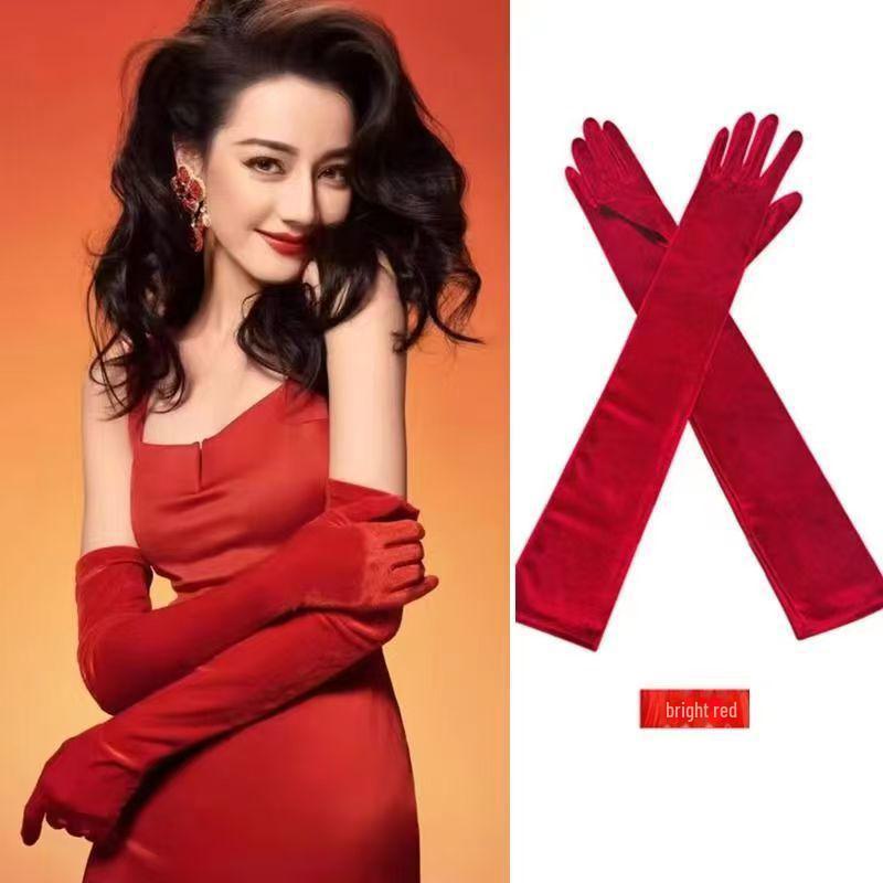 Reba Gold Velvet Long Wedding Gloves: Retro Hepburn Style for Brides