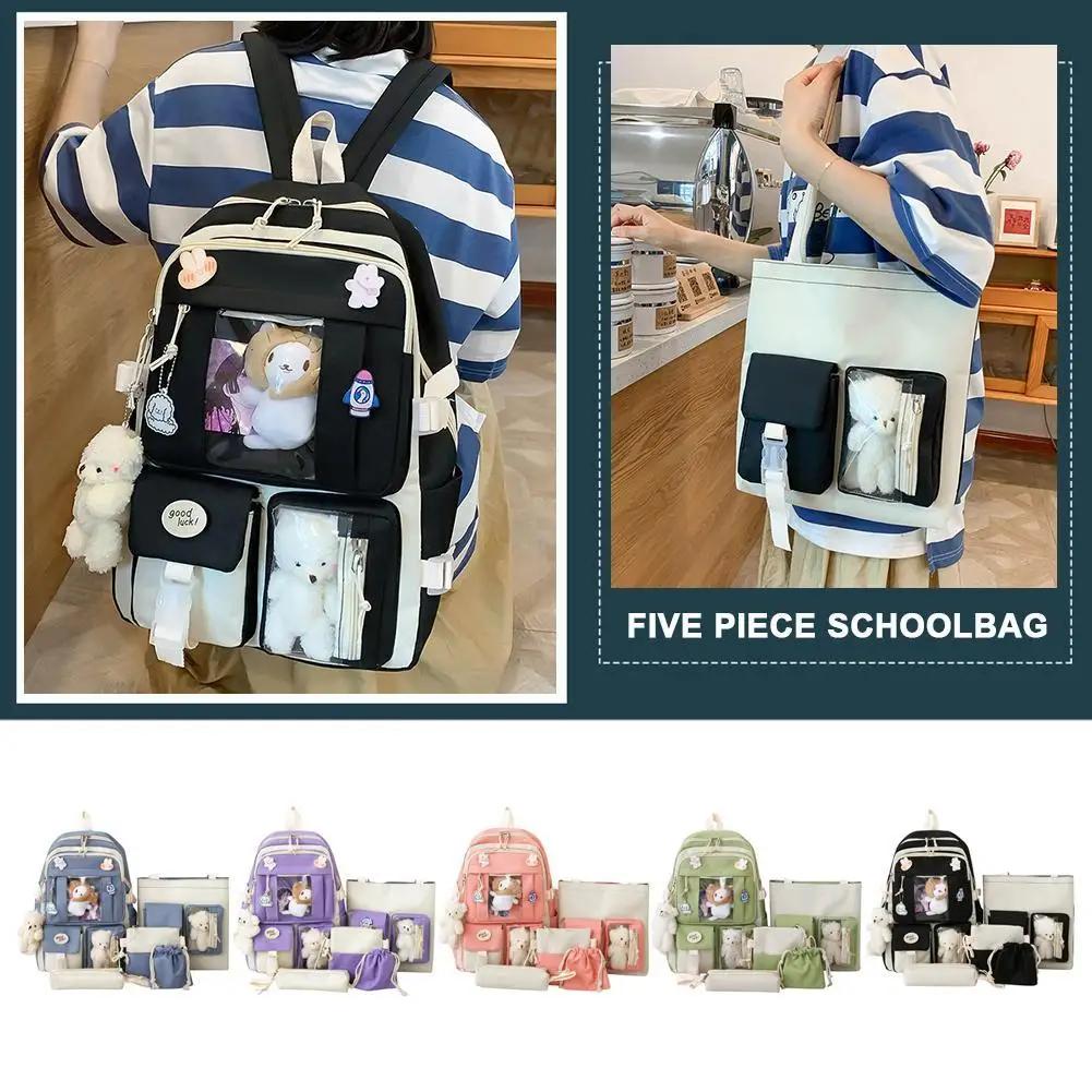 5 peças/conjunto Mochila Kawaii Feminina Coreana Fofa Mochila Estudante Menina Grande Capacidade Mochila Escolar Bolsa com Cordão Carteira