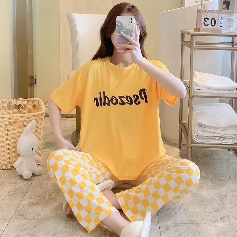 2PCS/Set Cartoon Bear Pajamas Women Short Sleeve Long Trousers College Students Nightwear Homewear Letters Plaid Girls Sleepwear