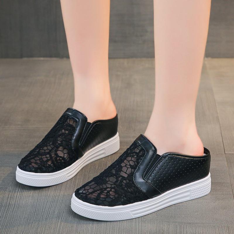 Fashion Embroider Flower Slippers Women Creepers Outside Air Mesh Mules Shoes Platform Sandals Breathable Closed Toe Slides Flip Flops
