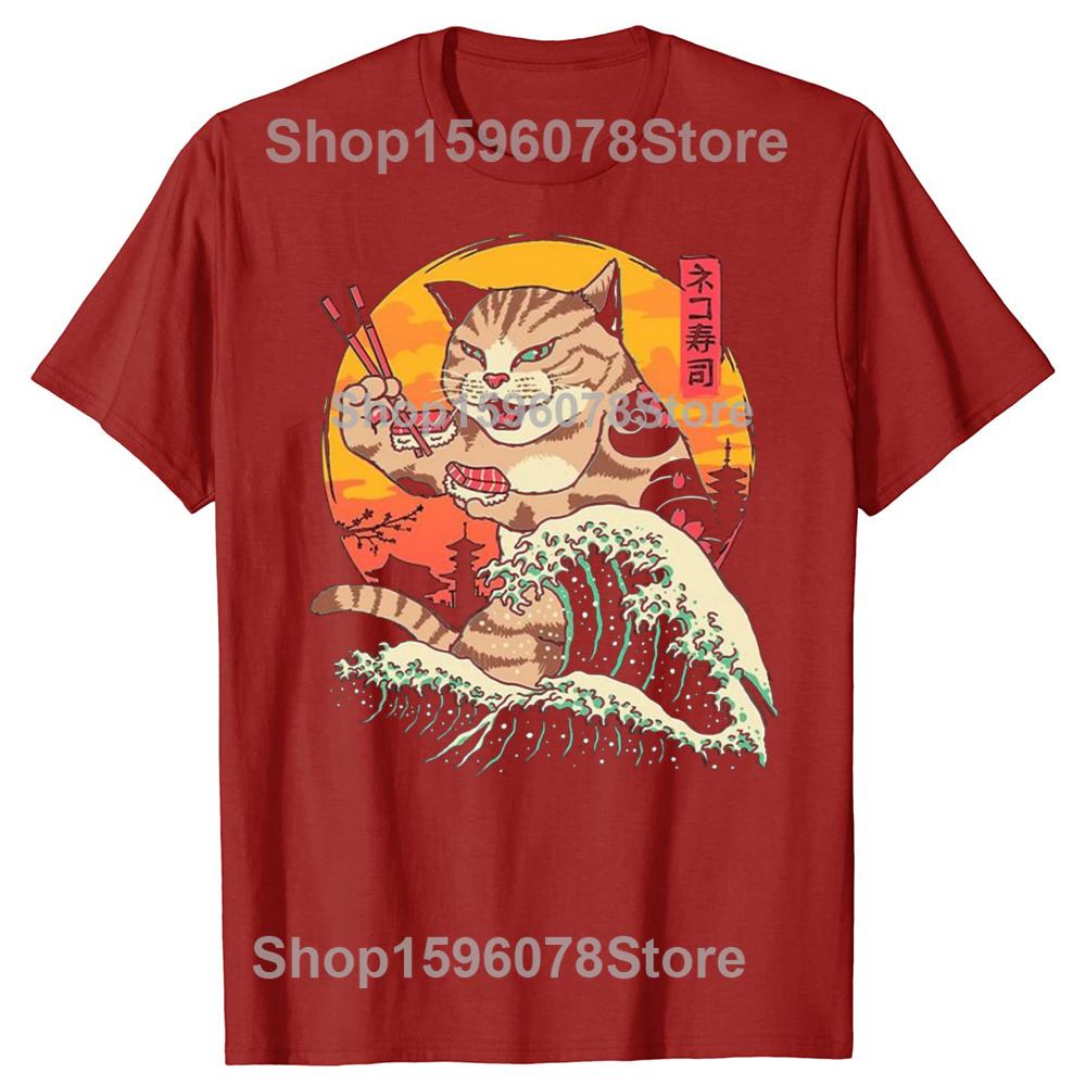 Funny Cat Eating Sushi Graphic T Shirts Men Women Pure Cotton Humor Streetwear Tee Shirt Short Sleeve Unisex Loose Clothing