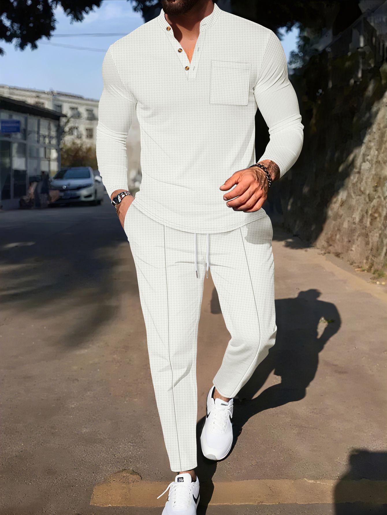 

Мужской комплект из вафельного трикотажа: длинные брюки хенли и футболка с длинным рукавом - весенне-осенний стиль Small белый