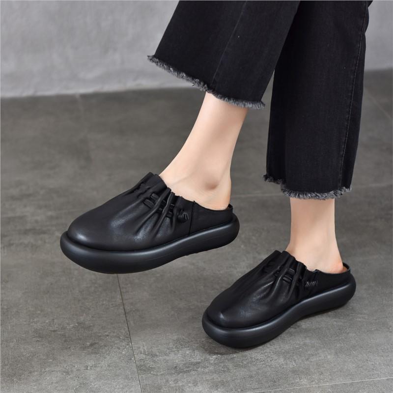 Johnature Soft Soled Round Toe Comfortable Outdoor Slippers Genuine Leather Versatile Women's Shoes