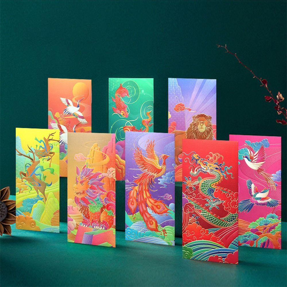 8PCS New Multicolor Red Envelope Bag Blessing Cartoon Pattern Red Packet Retro Style Crane Magpie Lucky Pocket Chinese New Year