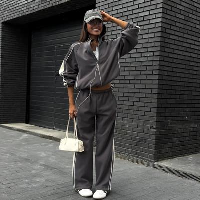 2026 Foreign Trade European and American Color Matching Sports Suit Women's Stand-up Collar Zipper Loose Jacket Wide-leg Sweatpants Two-piece Set