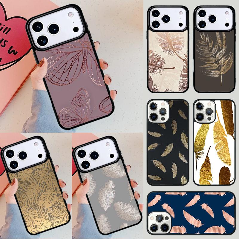 Feather Gold Foil Art Phone Case For iPhone 17 Air 14 15 13 12 Max Cover For Apple 14 15 16 16e 11 Pro Max Plus Coque
