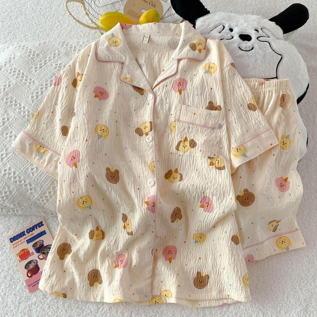 Women's Cartoon Cloud Cotton Pajama Set - Cardigan, Short Sleeve, Shorts, Home Wear