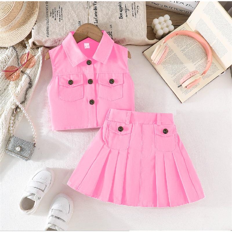 Girls' Fashion Set: Summer Solid-Color Sleeveless Denim Top and Pleated Skirt Two-Piece Set