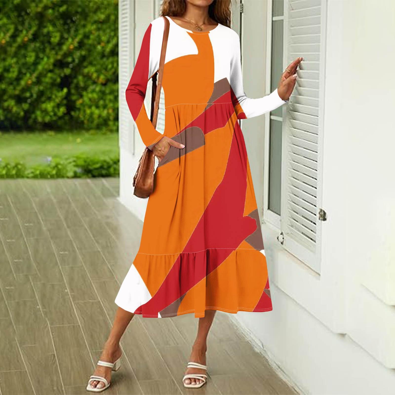 

Женское повседневное платье с принтом, весенние платья с круглым вырезом и длинным рукавом L оранжевый