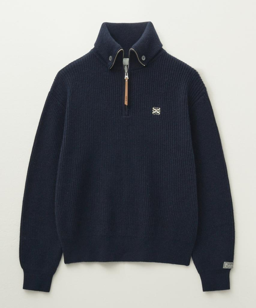 Seteo Button-Up Sailor Half Knit Zip-Up Navy
