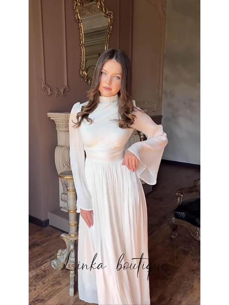 2025 European & American Style Women's Long White High-Neck Waist-Cinching Half-Sleeve Dress
