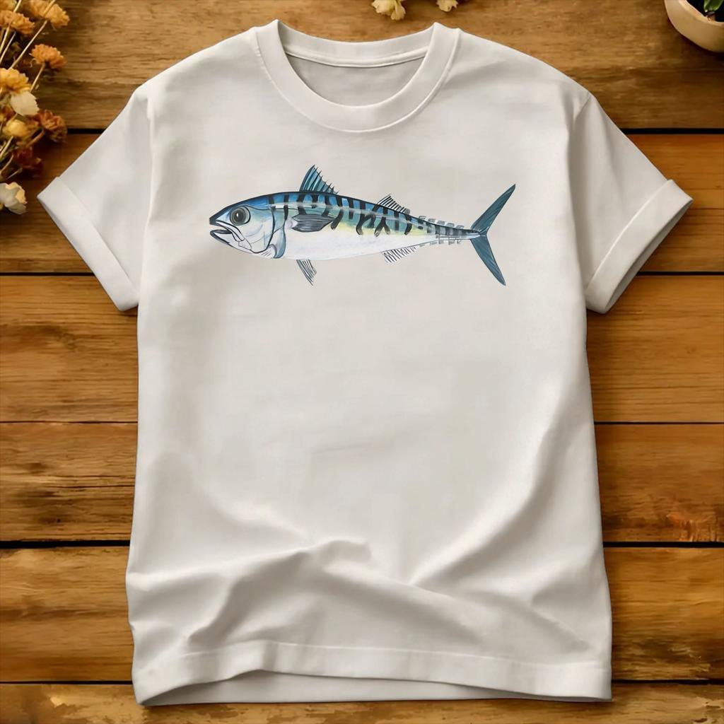 Atlantic Mackerel Handdrawn Fish Art T Shirt Beach Fashion Tshirts 100 Cotton Round Neck Oversized Tees Aesthetic Tshirt