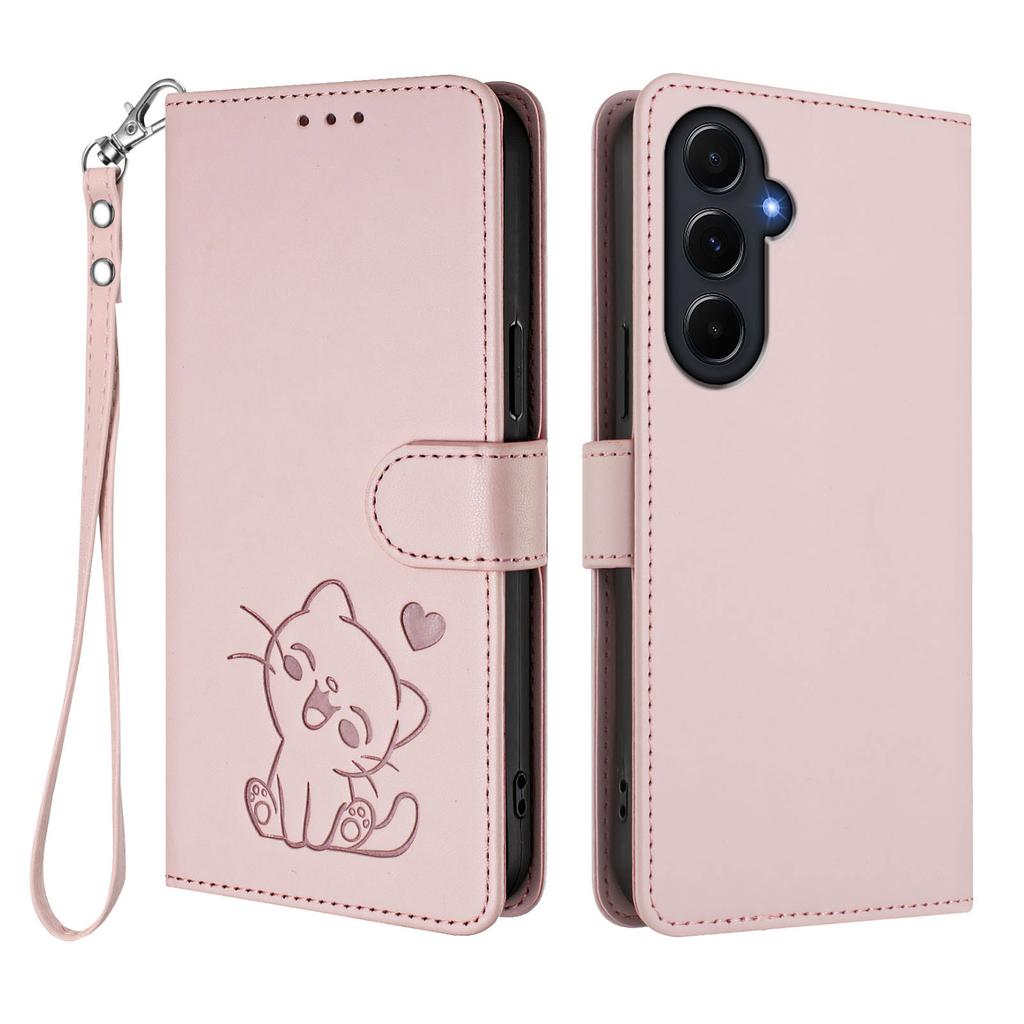 Für Samsung Galaxy A55 5G Brieftasche Hülle mit Handschlaufe Love Cat Muster Prägung Leder Handyhülle