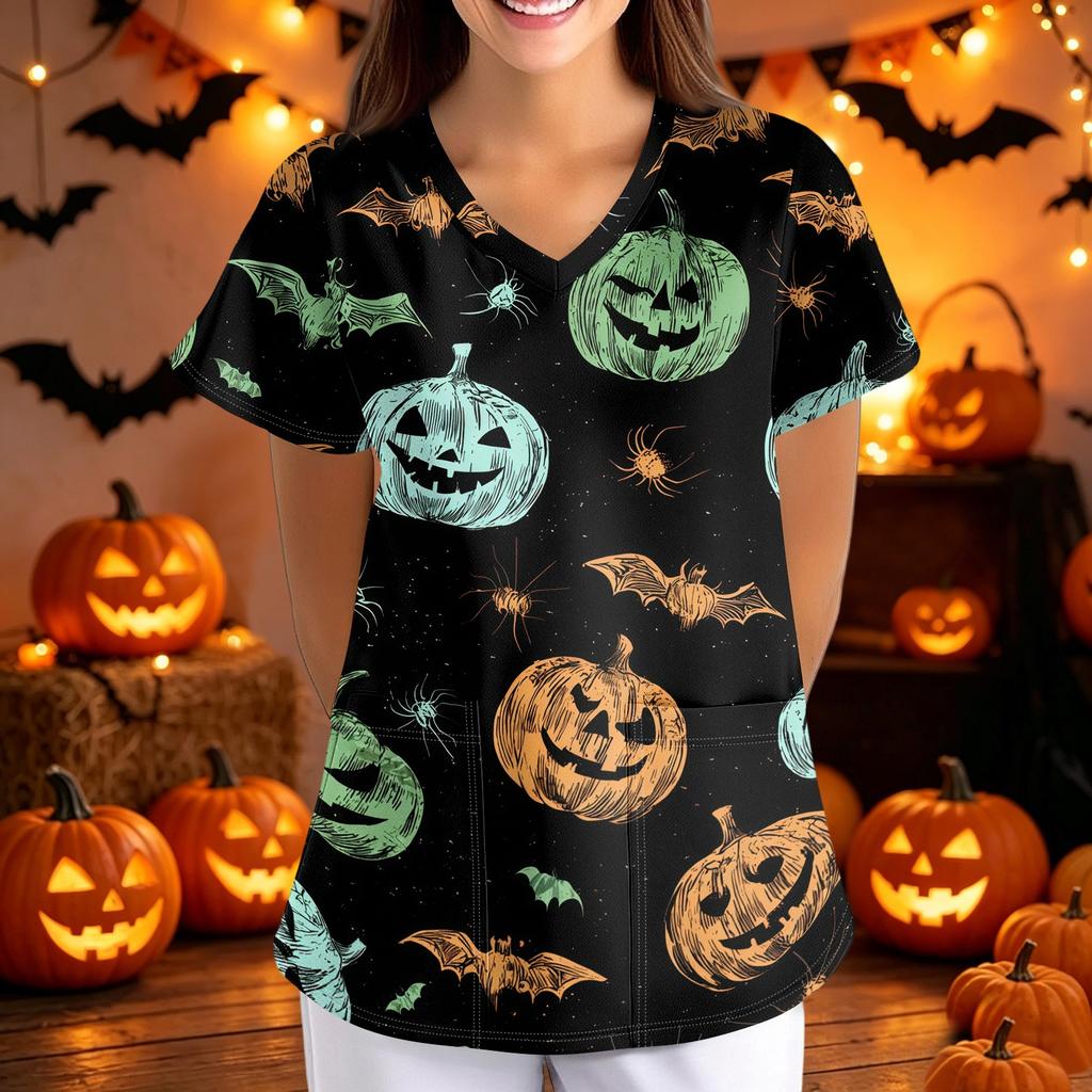 Women's Halloween Print Loose Fit V Neck Pocket Short Sleeve Medical Scrub Top Nurse Uniform Workwear