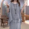 Retro Bavlněný Lněný Set Dámský Letní Volný Zeštíhlující Zakrývající Břicho Dvoudílný Set Elegantní Styl Neformální Módní Trend