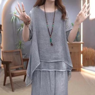 Women Summer Loose Slimming Belly Covering Two-piece Set Elegant Style Casual Fashion Trend