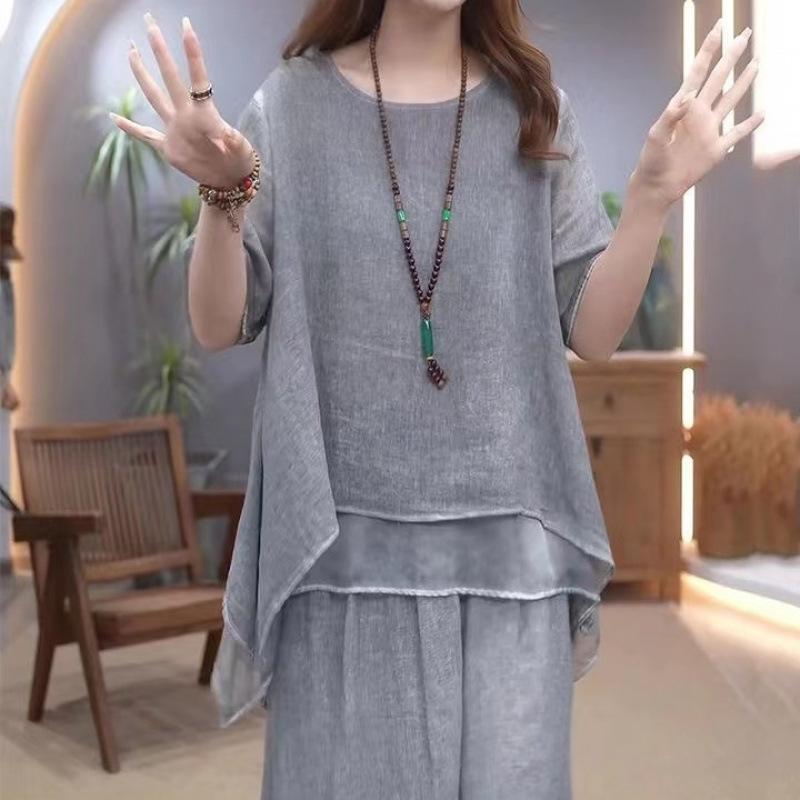 Retro Bavlněný Lněný Set Dámský Letní Volný Zeštíhlující Zakrývající Břicho Dvoudílný Set Elegantní Styl Neformální Módní Trend